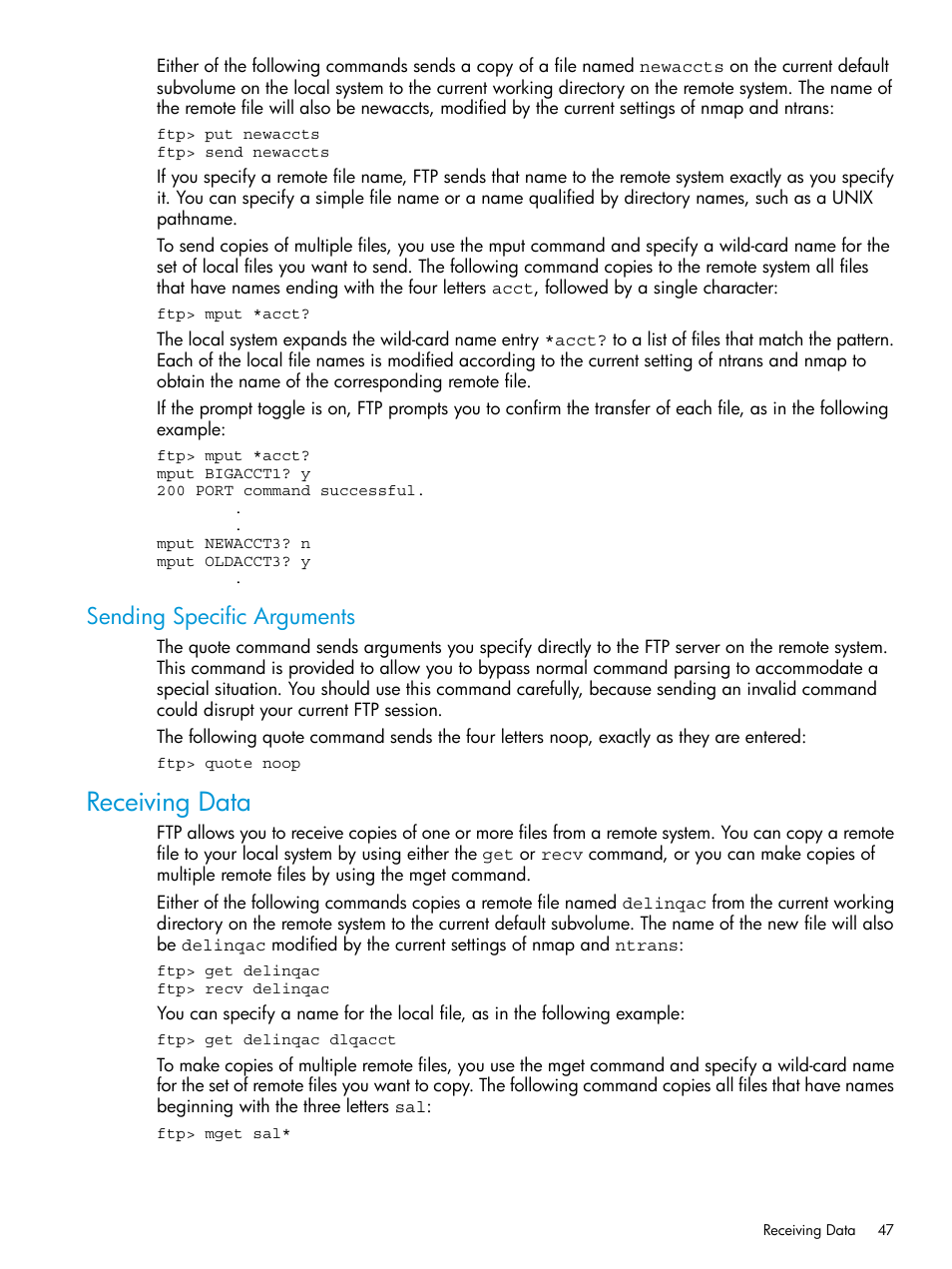 Sending specific arguments, Receiving data | HP Integrity NonStop H-Series User Manual | Page 47 / 200