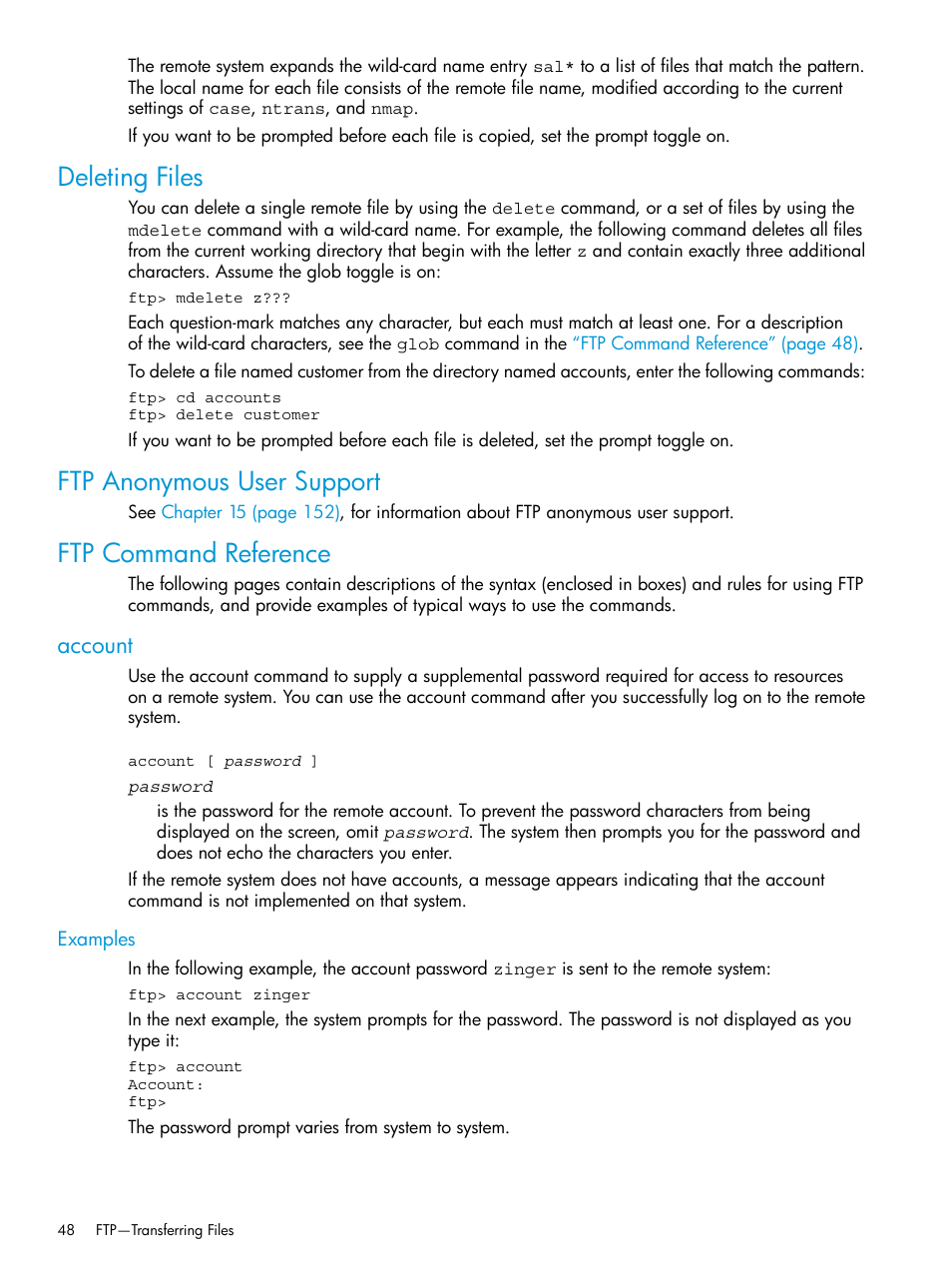 Deleting files, Ftp anonymous user support, Ftp command reference | Account, Examples | HP Integrity NonStop H-Series User Manual | Page 48 / 200