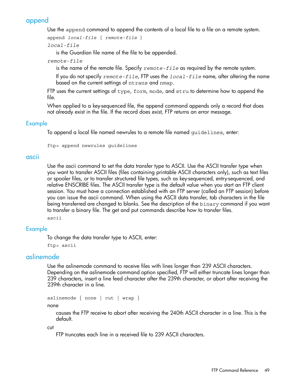 Append, Example, Ascii | Aslinemode, Append ascii aslinemode | HP Integrity NonStop H-Series User Manual | Page 49 / 200