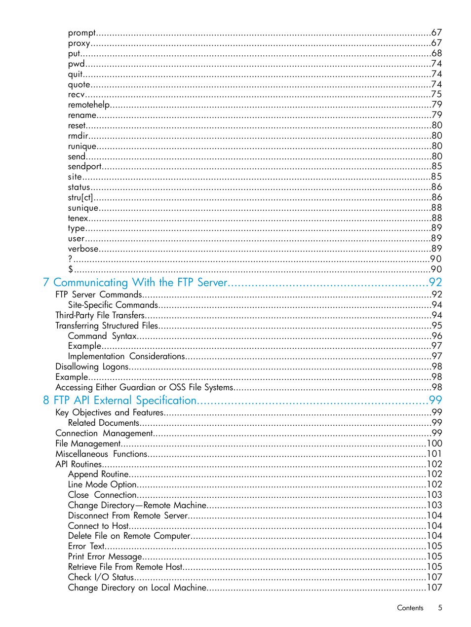 7 communicating with the ftp server, 8 ftp api external specification | HP Integrity NonStop H-Series User Manual | Page 5 / 200
