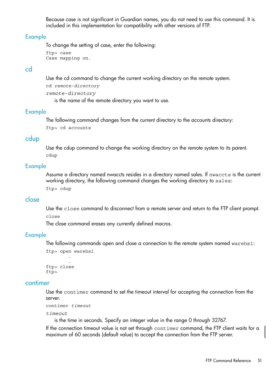Example, Cdup, Close | Contimer, Cd cdup close contimer | HP Integrity NonStop H-Series User Manual | Page 51 / 200
