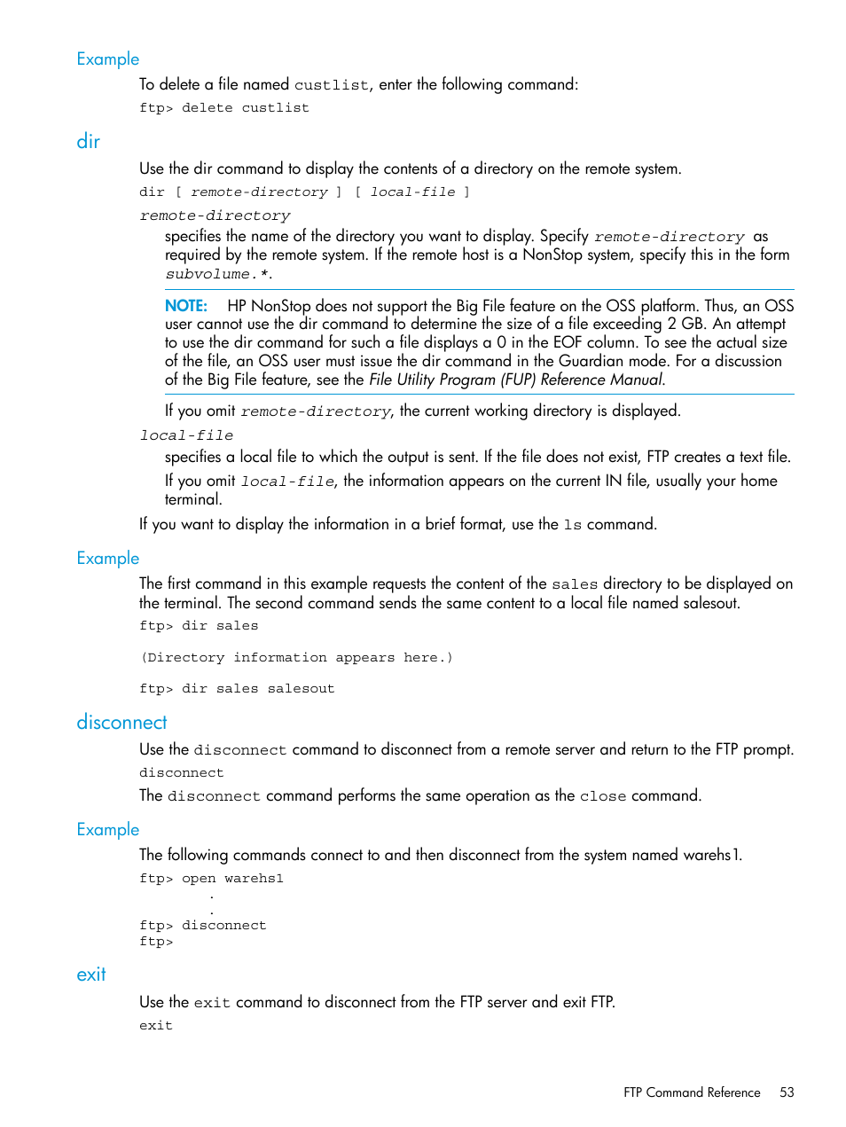Example, Disconnect, Exit | Dir disconnect exit | HP Integrity NonStop H-Series User Manual | Page 53 / 200
