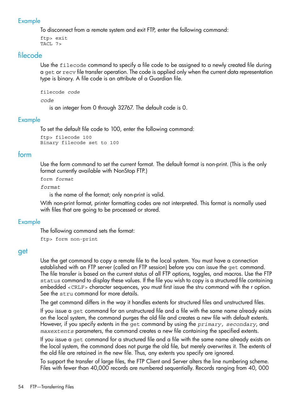 Example, Filecode, Form | Filecode form get | HP Integrity NonStop H-Series User Manual | Page 54 / 200