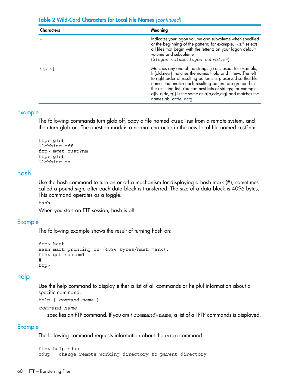 Example, Hash, Help | Hash help | HP Integrity NonStop H-Series User Manual | Page 60 / 200