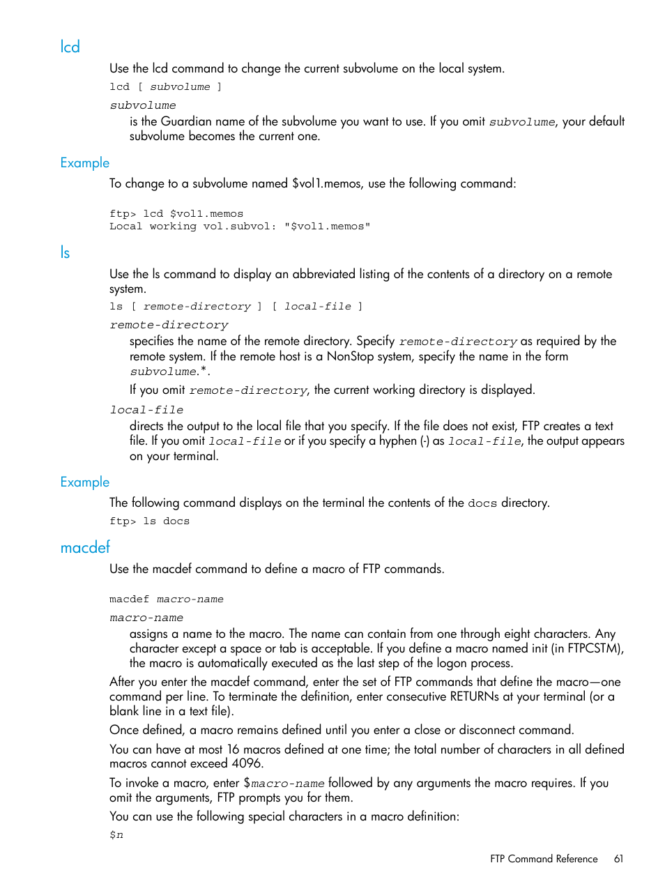 Example, Macdef, Lcd ls macdef | HP Integrity NonStop H-Series User Manual | Page 61 / 200