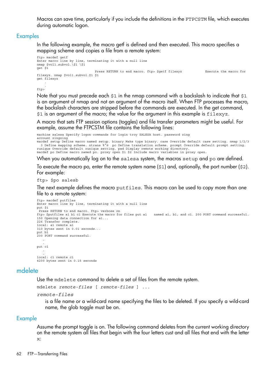 Examples, Mdelete, Example | HP Integrity NonStop H-Series User Manual | Page 62 / 200