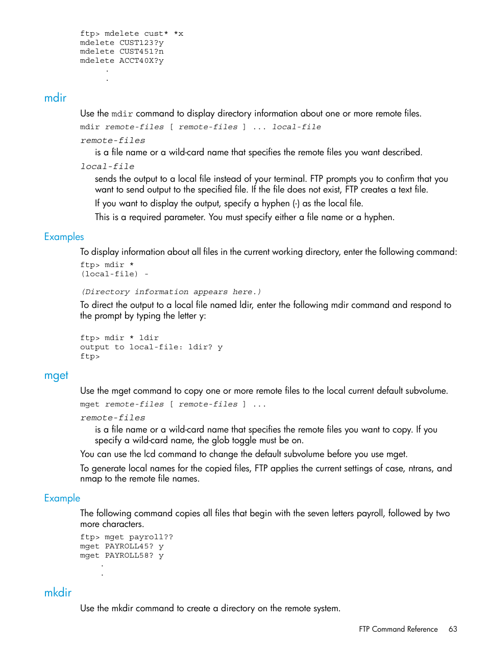 Mdir, Examples, Mget | Example, Mkdir, Mdir mget mkdir | HP Integrity NonStop H-Series User Manual | Page 63 / 200