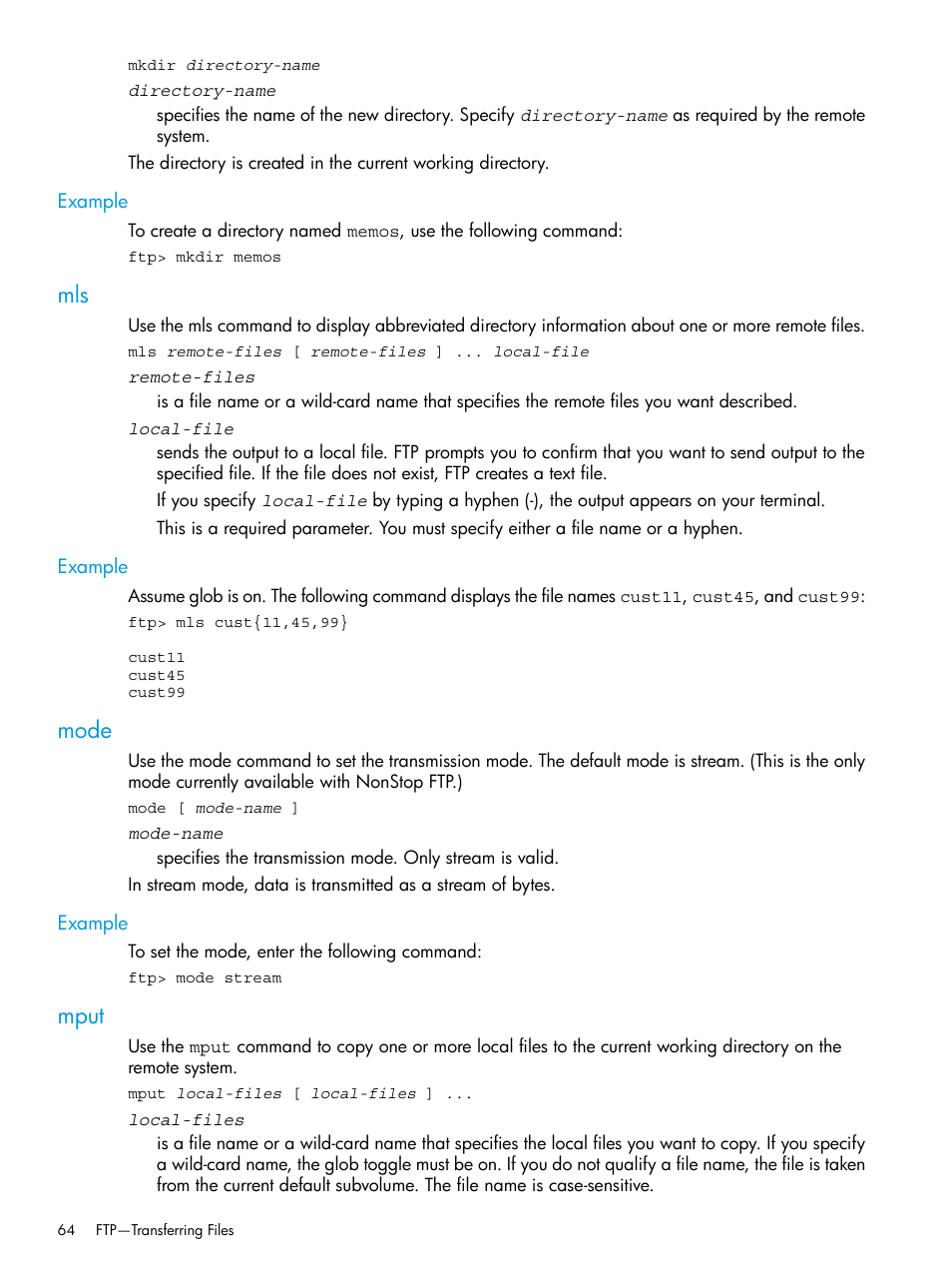 Example, Mode, Mput | Mls mode mput | HP Integrity NonStop H-Series User Manual | Page 64 / 200