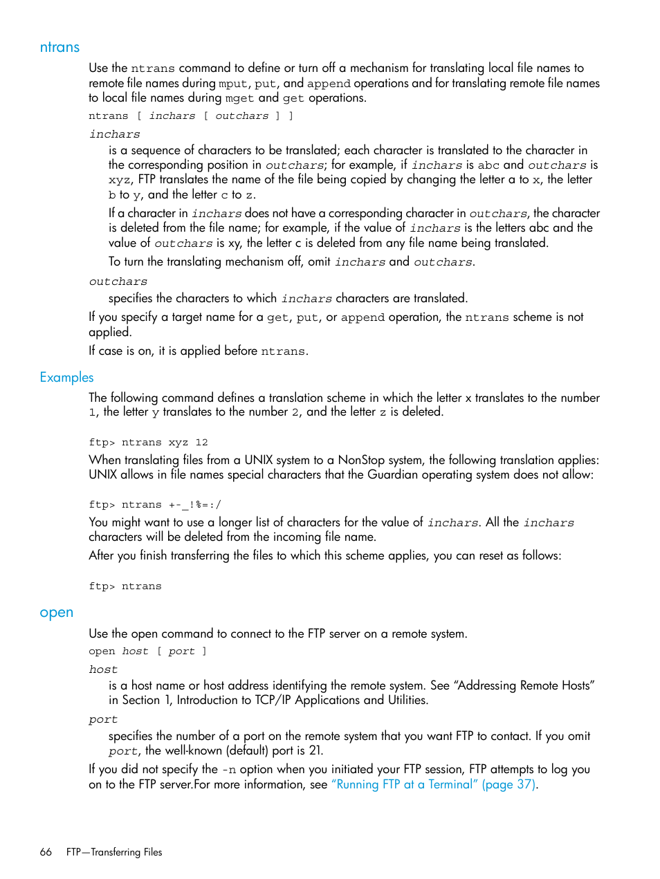 Ntrans, Examples, Open | Ntrans open | HP Integrity NonStop H-Series User Manual | Page 66 / 200