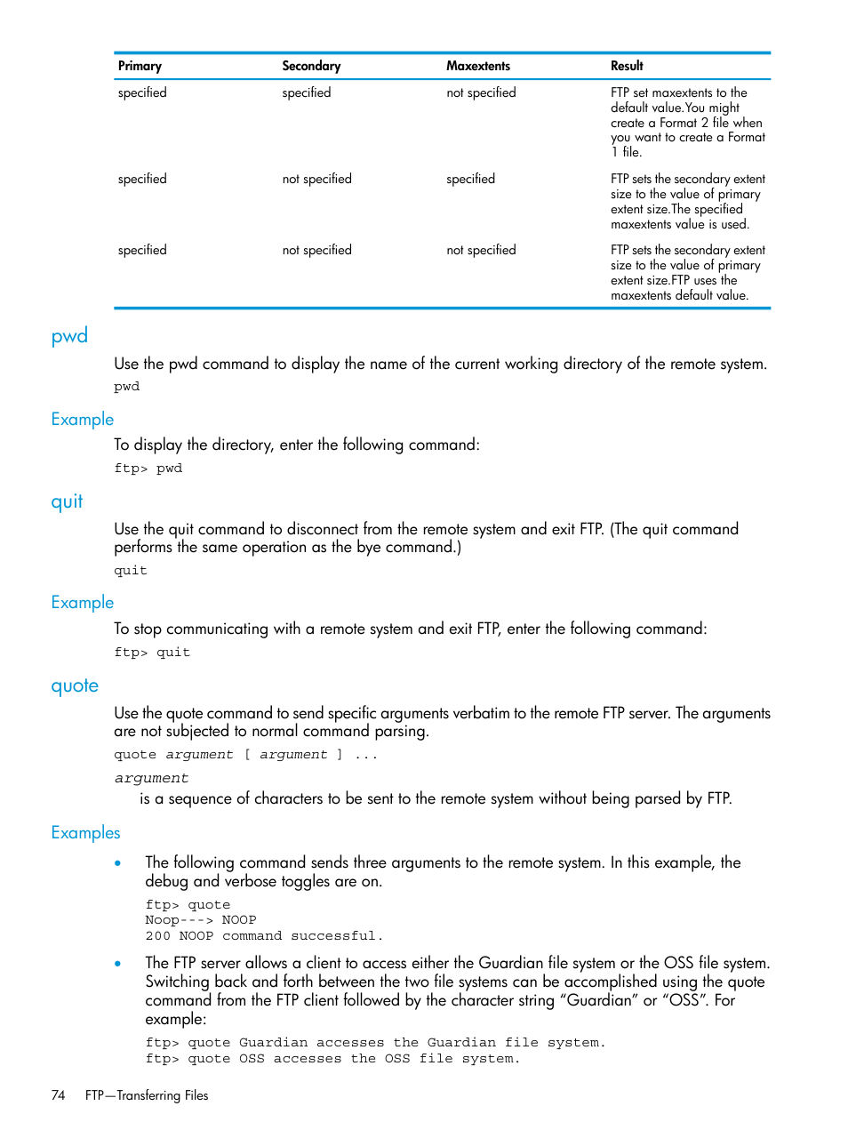 Example, Quit, Quote | Examples, Pwd quit quote | HP Integrity NonStop H-Series User Manual | Page 74 / 200