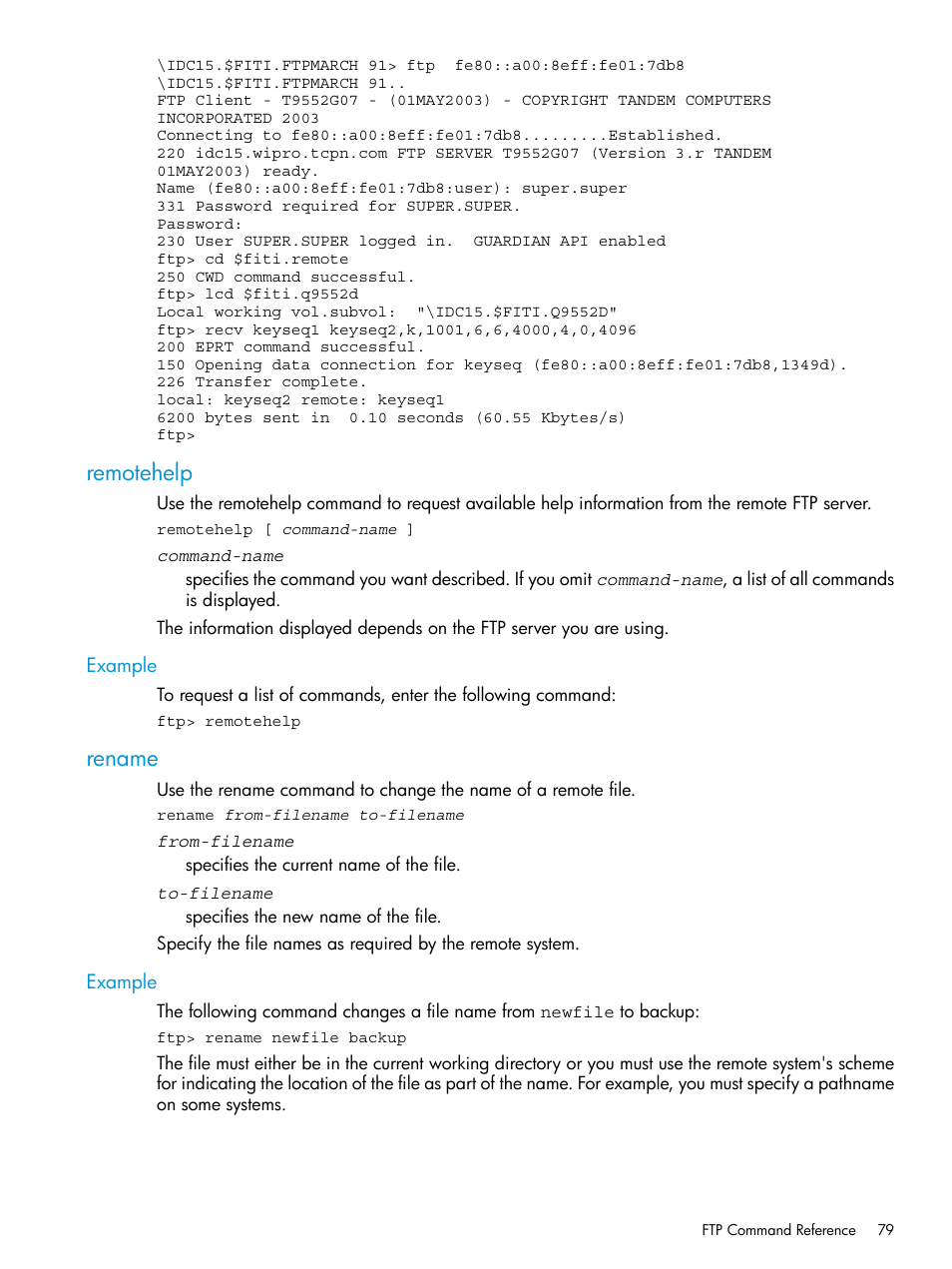 Remotehelp, Example, Rename | Remotehelp rename | HP Integrity NonStop H-Series User Manual | Page 79 / 200