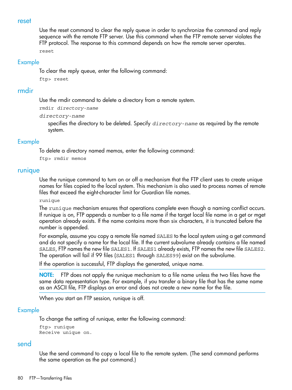 Reset, Example, Rmdir | Runique, Send, Reset rmdir runique send | HP Integrity NonStop H-Series User Manual | Page 80 / 200
