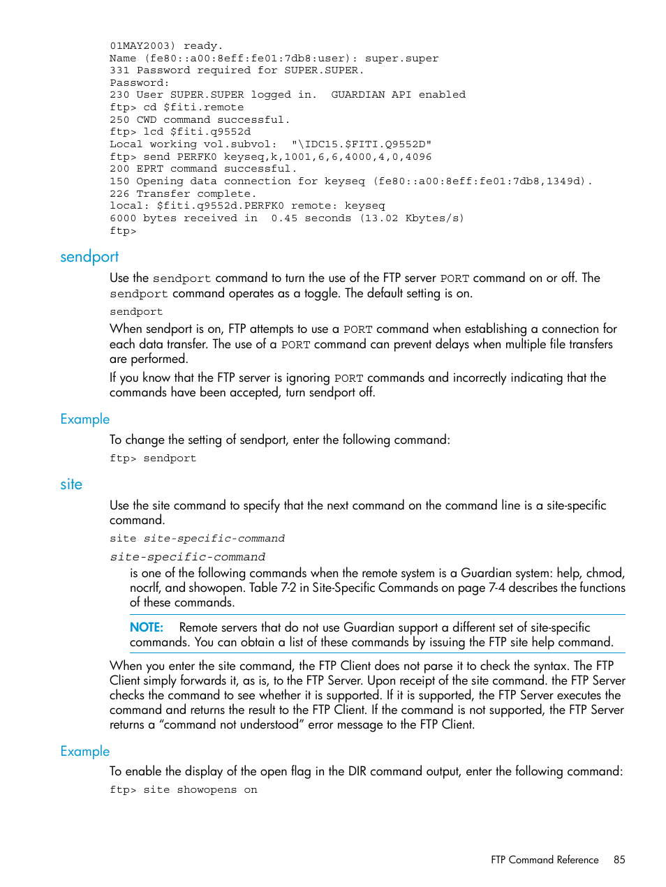 Sendport, Example, Site | Sendport site | HP Integrity NonStop H-Series User Manual | Page 85 / 200