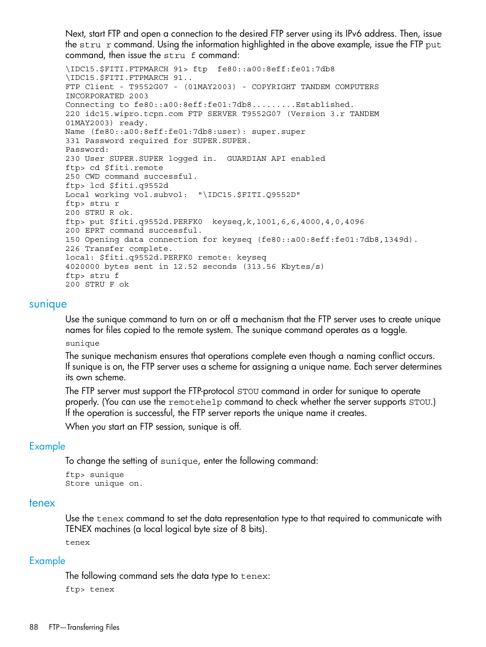 Sunique, Example, Tenex | Sunique tenex | HP Integrity NonStop H-Series User Manual | Page 88 / 200