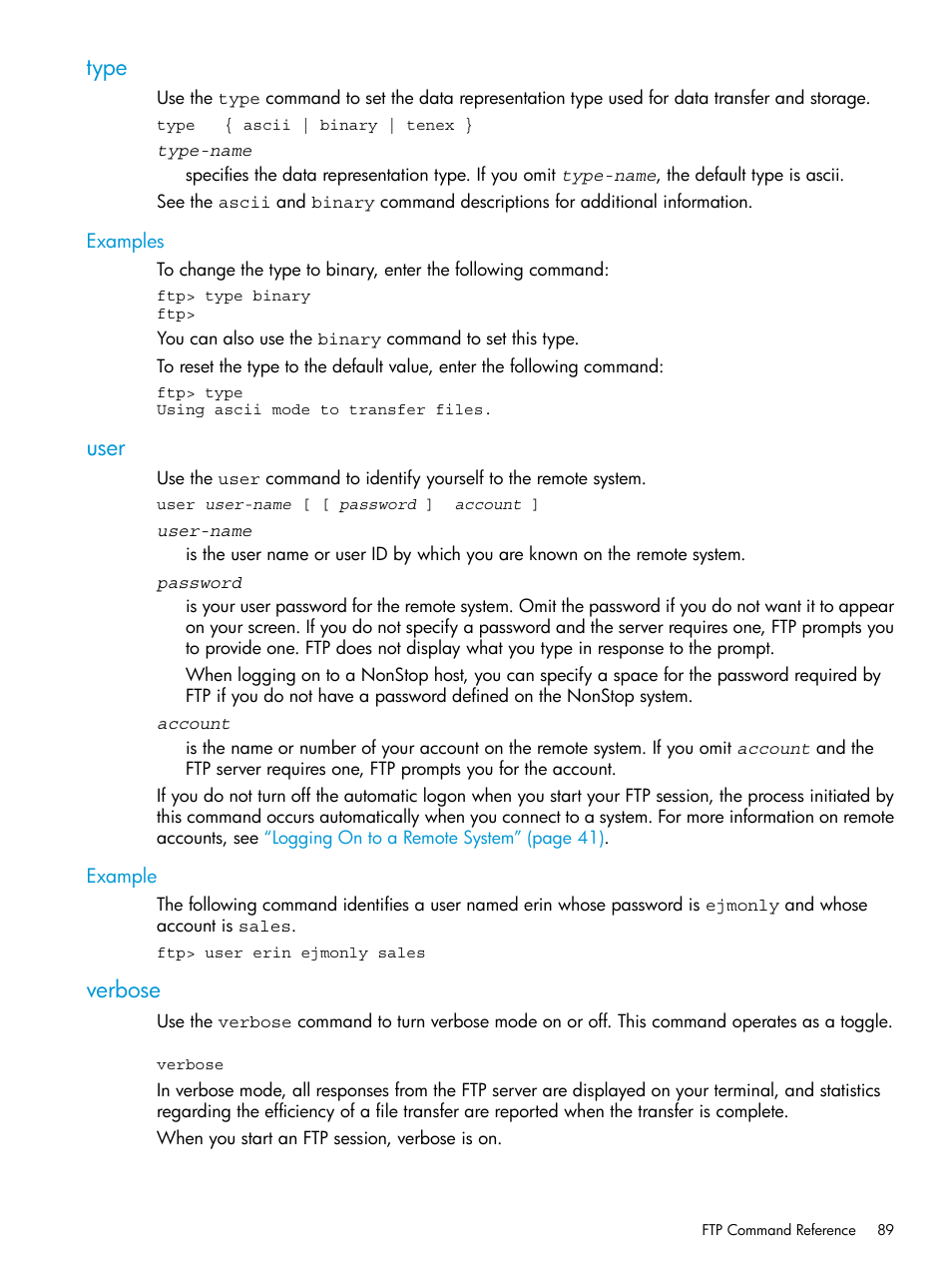 Type, Examples, User | Example, Verbose, Type user verbose | HP Integrity NonStop H-Series User Manual | Page 89 / 200