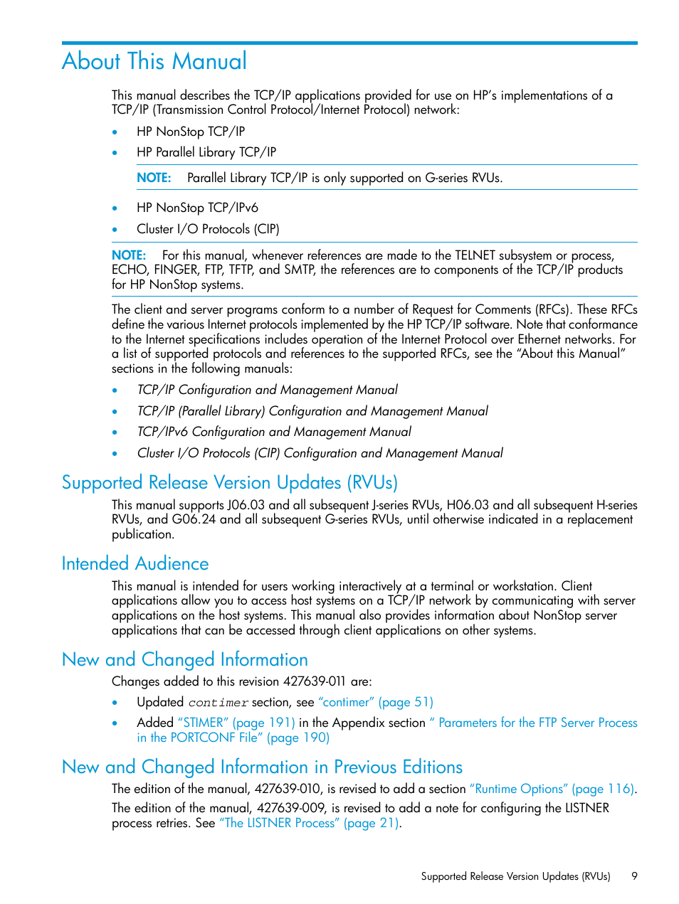 About this manual, Supported release version updates (rvus), Intended audience | New and changed information, New and changed information in previous editions | HP Integrity NonStop H-Series User Manual | Page 9 / 200