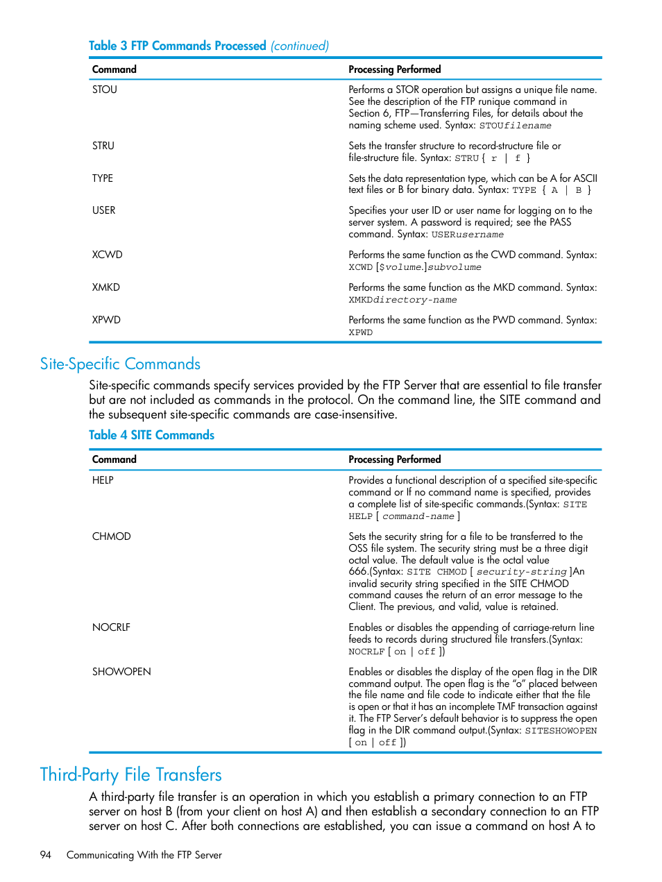 Site-specific commands, Third-party file transfers | HP Integrity NonStop H-Series User Manual | Page 94 / 200
