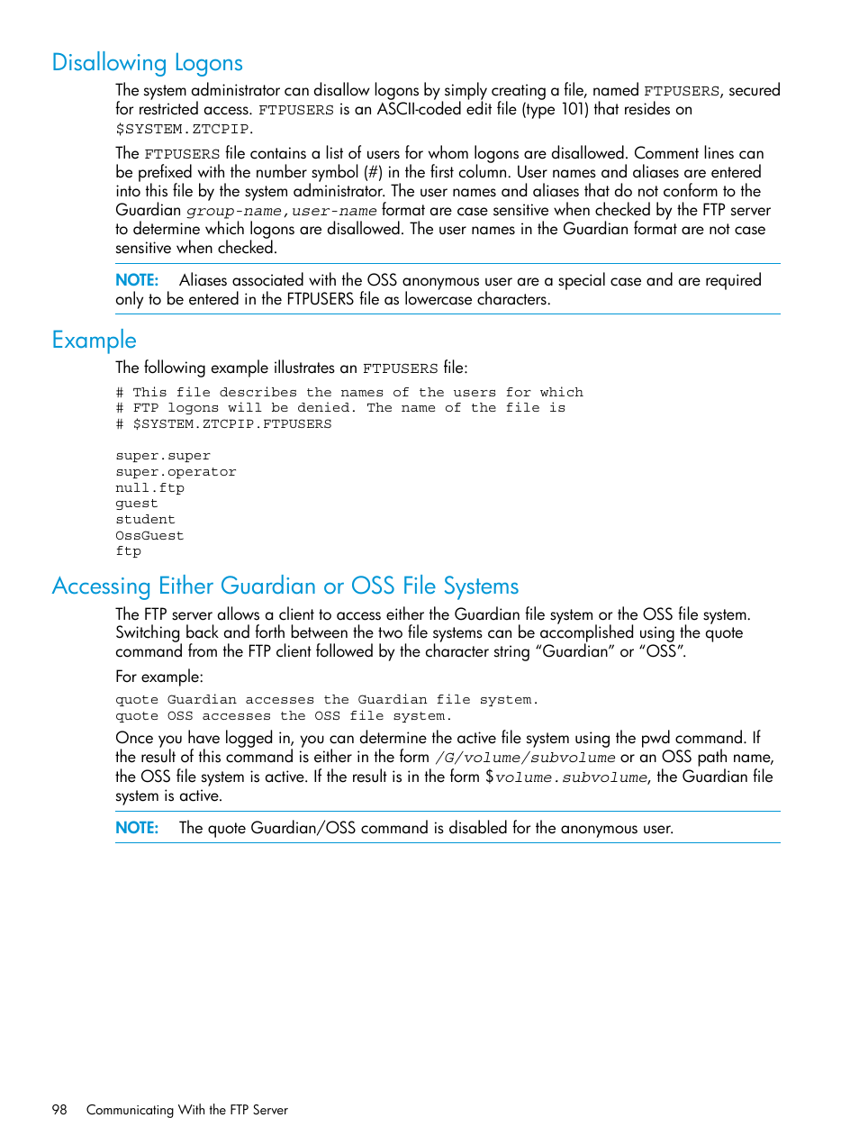 Disallowing logons, Example, Accessing either guardian or oss file systems | HP Integrity NonStop H-Series User Manual | Page 98 / 200