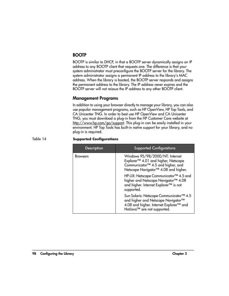 Bootp, Management programs, Bootp 98 | Management programs 98 | HP Surestore 10.100 Tape Library User Manual | Page 100 / 238