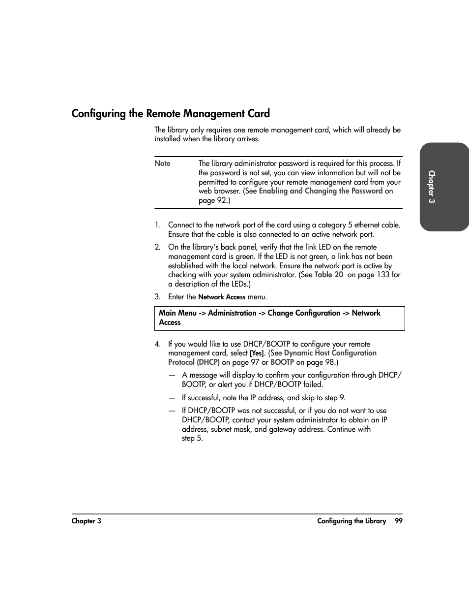 Configuring the remote management card, Configuring the remote management card 99 | HP Surestore 10.100 Tape Library User Manual | Page 101 / 238