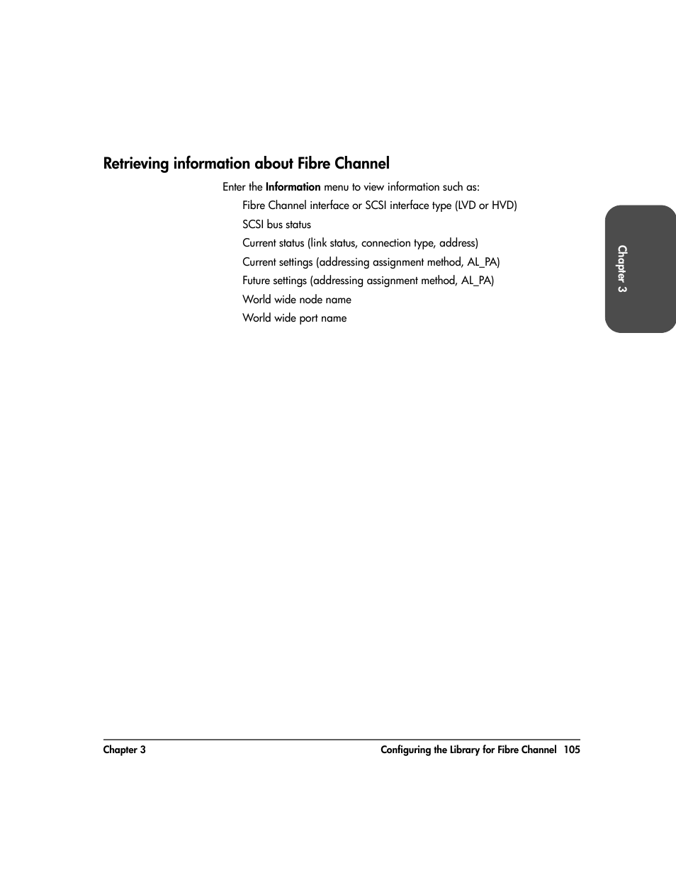 Retrieving information about fibre channel, Retrieving information about fibre channel 105 | HP Surestore 10.100 Tape Library User Manual | Page 107 / 238