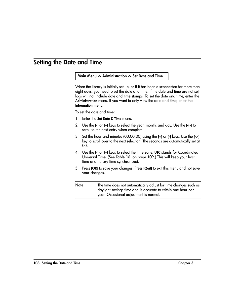 Setting the date and time, Setting the date and time 108 | HP Surestore 10.100 Tape Library User Manual | Page 110 / 238