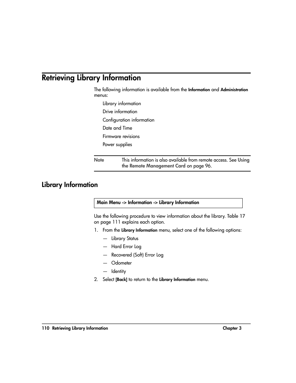 Retrieving library information, Library information, Retrieving library information 110 | Library information 110 | HP Surestore 10.100 Tape Library User Manual | Page 112 / 238