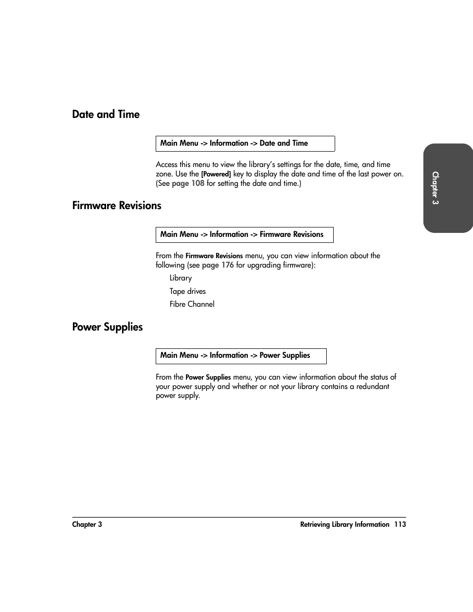 Date and time, Firmware revisions, Power supplies | HP Surestore 10.100 Tape Library User Manual | Page 115 / 238