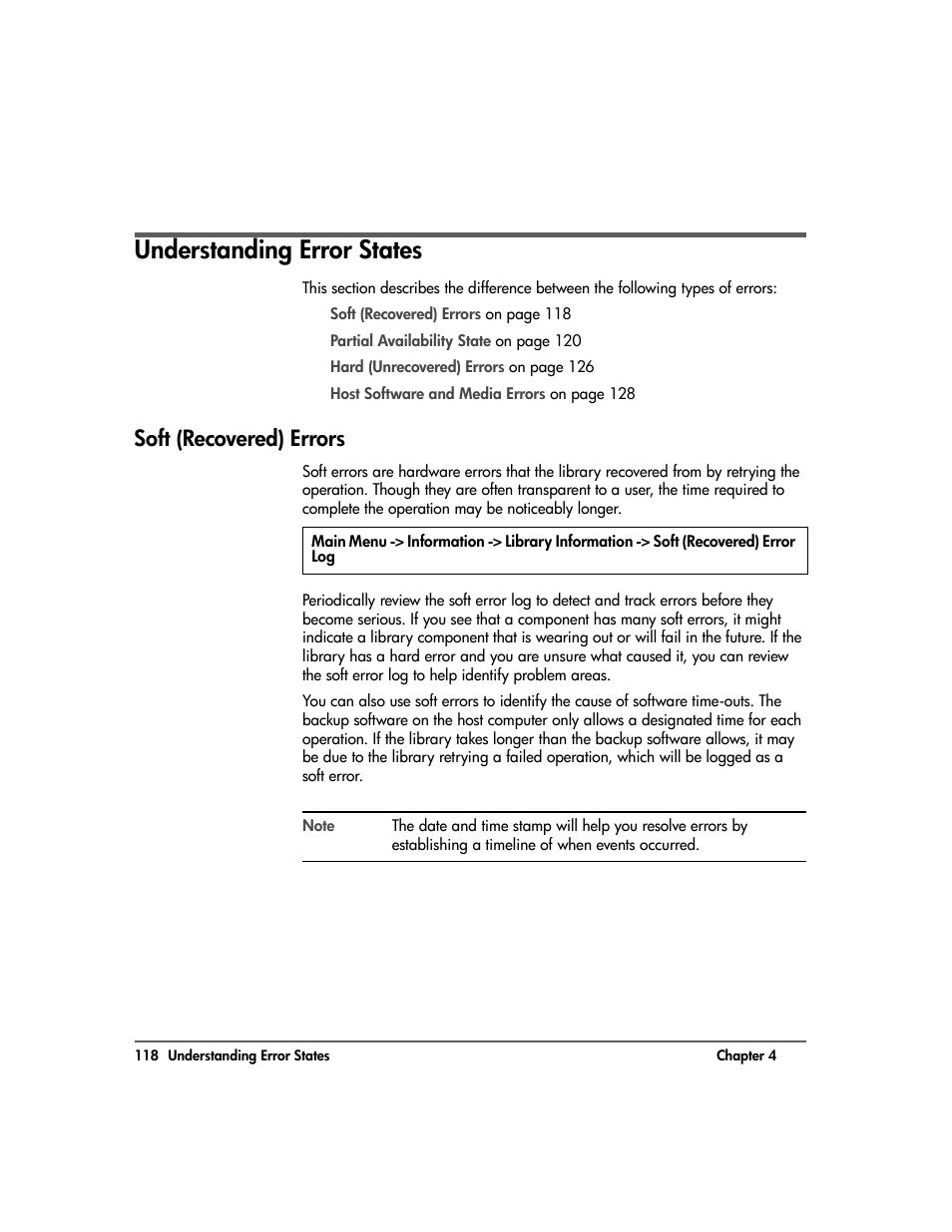 Understanding error states, Soft (recovered) errors, Understanding error states 118 | Soft (recovered) errors 118 | HP Surestore 10.100 Tape Library User Manual | Page 120 / 238