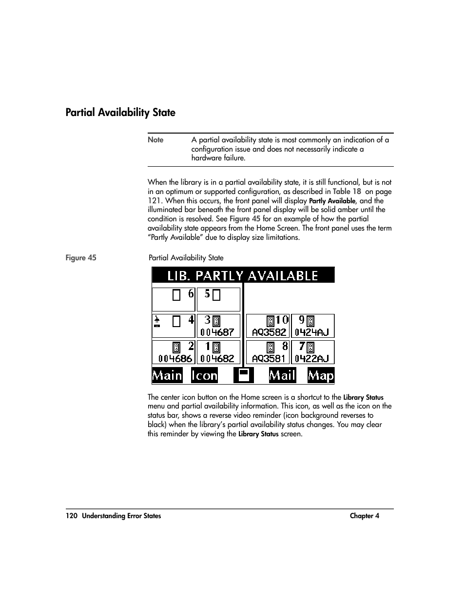 Partial availability state, Partial availability state 120, Ssage (see | HP Surestore 10.100 Tape Library User Manual | Page 122 / 238