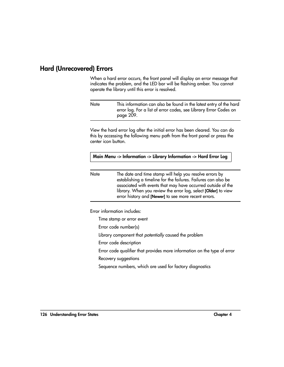 Hard (unrecovered) errors, Hard (unrecovered) errors 126 | HP Surestore 10.100 Tape Library User Manual | Page 128 / 238