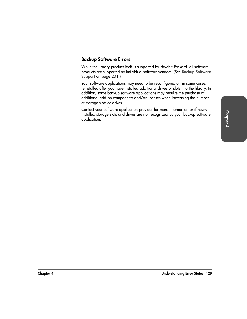 Backup software errors, Backup software errors 129 | HP Surestore 10.100 Tape Library User Manual | Page 131 / 238