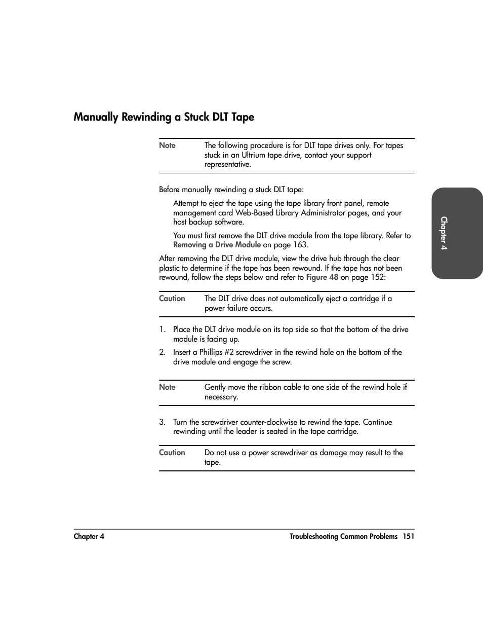 Manually rewinding a stuck dlt tape, Manually rewinding a stuck dlt tape 151 | HP Surestore 10.100 Tape Library User Manual | Page 153 / 238