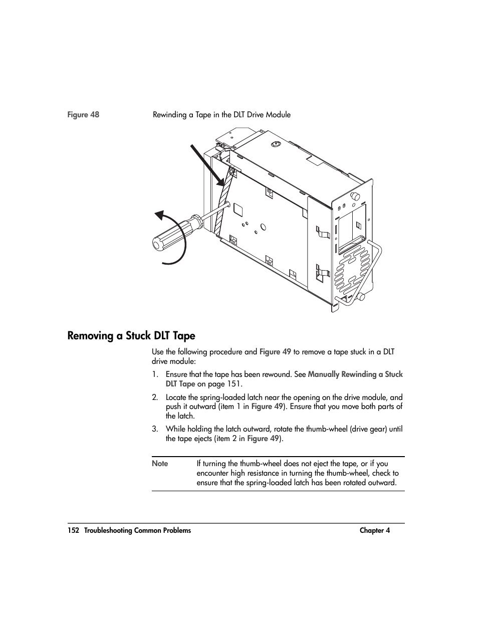 Removing a stuck dlt tape, Removing a stuck dlt tape 152, Figure 48 | HP Surestore 10.100 Tape Library User Manual | Page 154 / 238