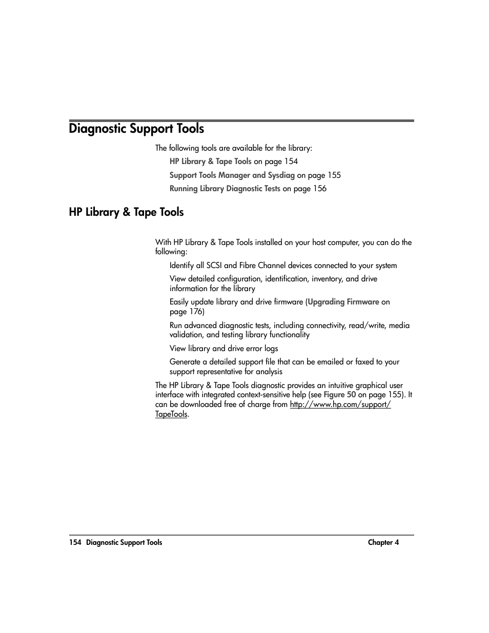 Diagnostic support tools, Hp library & tape tools, Diagnostic support tools 154 | Hp library & tape tools 154 | HP Surestore 10.100 Tape Library User Manual | Page 156 / 238