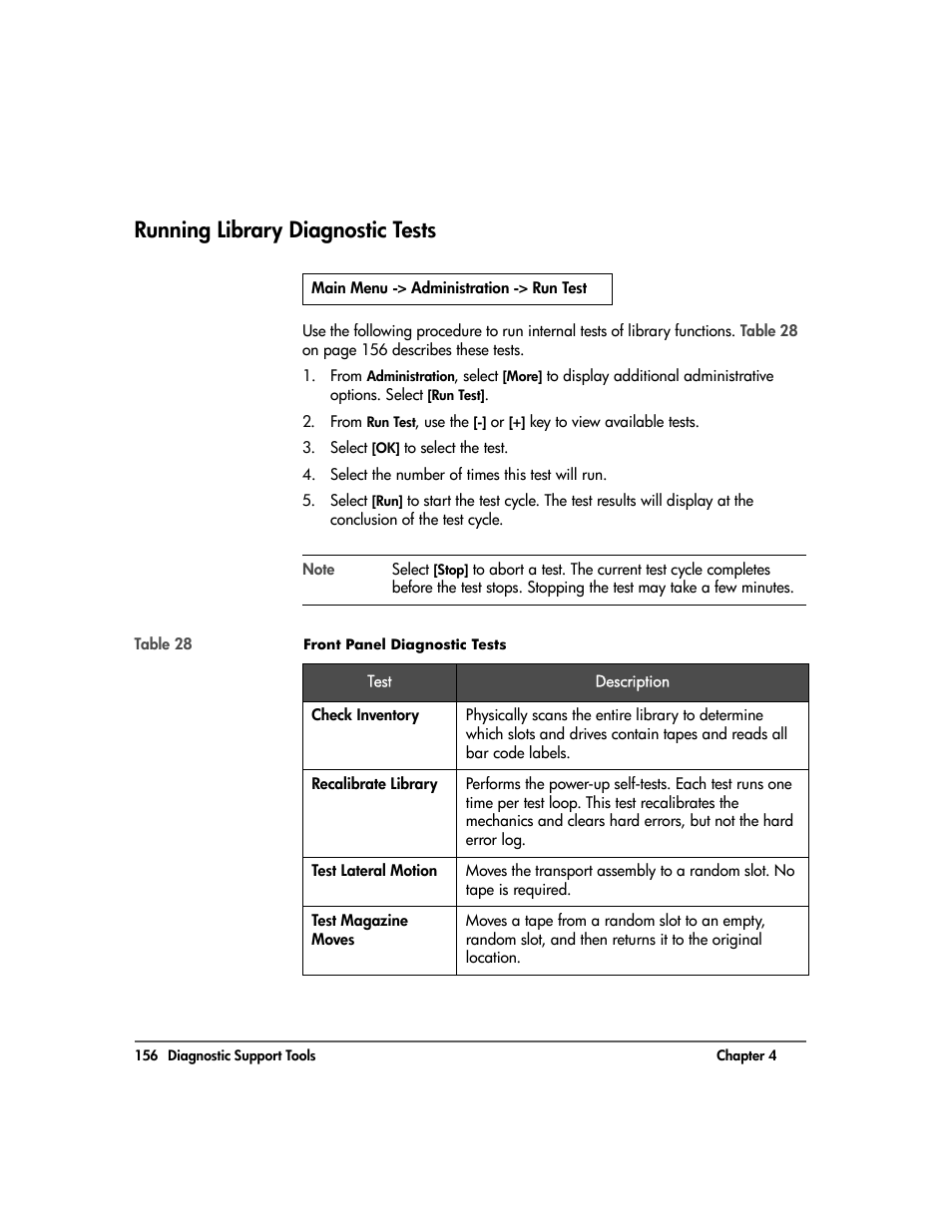 Running library diagnostic tests, Running library diagnostic tests 156, Running library diagnostic | Tests | HP Surestore 10.100 Tape Library User Manual | Page 158 / 238