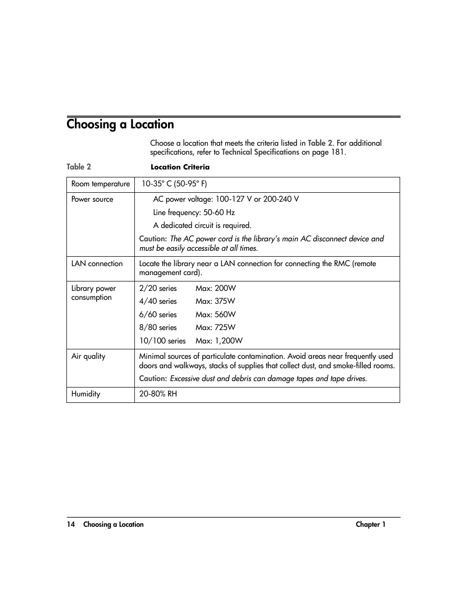 Choosing a location, Choosing a location 14 | HP Surestore 10.100 Tape Library User Manual | Page 16 / 238