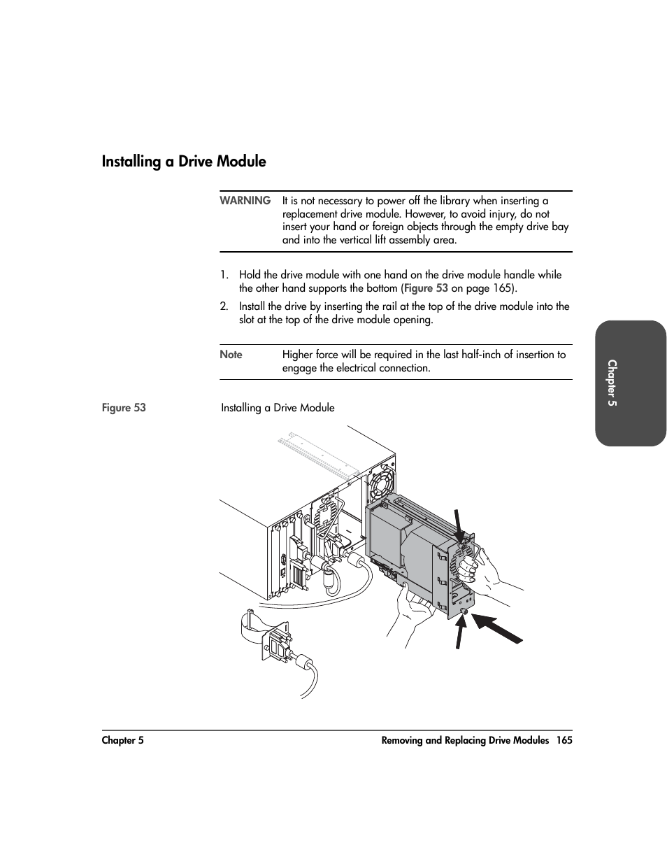 Installing a drive module, Installing a drive module 165 | HP Surestore 10.100 Tape Library User Manual | Page 167 / 238