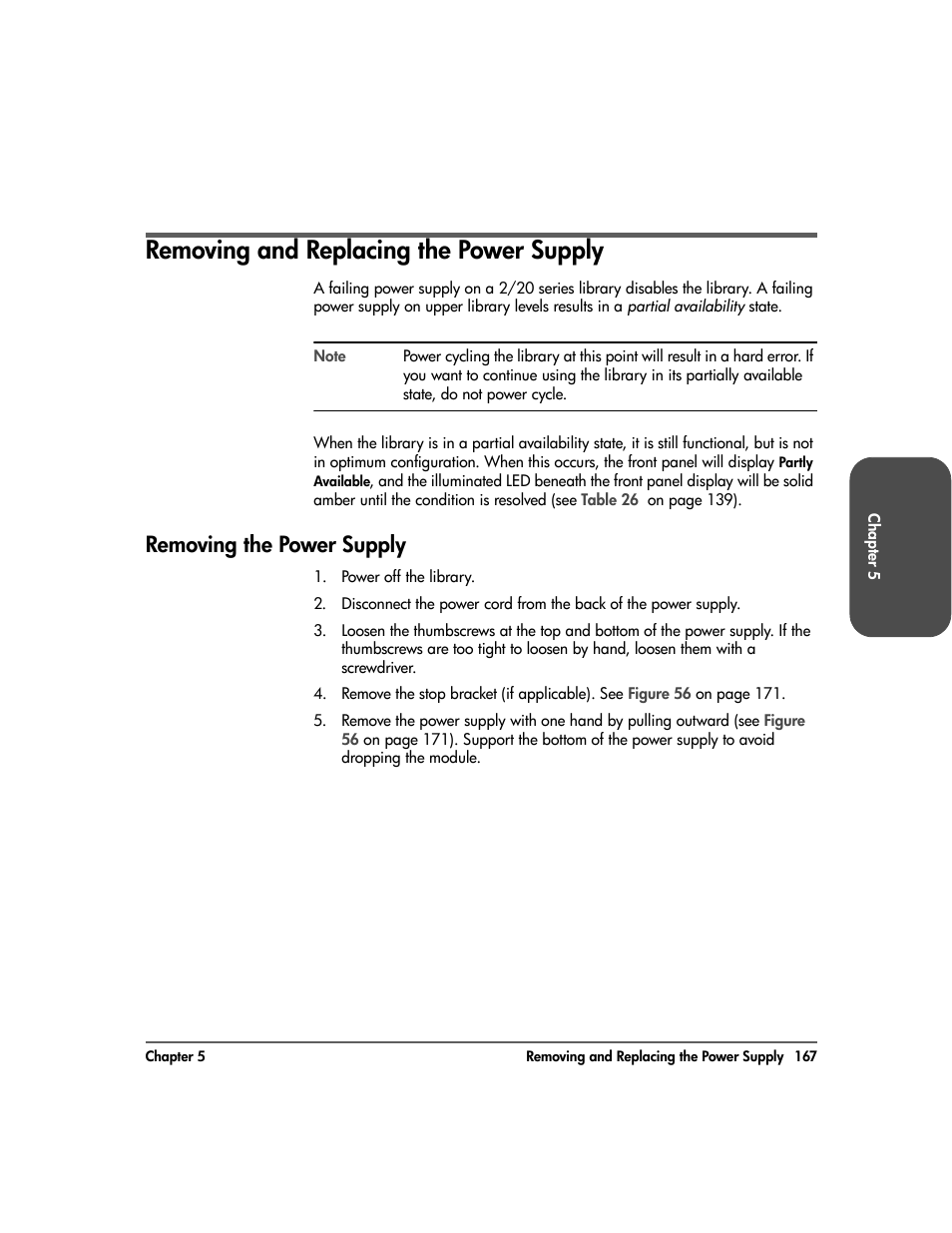 Removing and replacing the power supply, Removing the power supply, Removing and replacing the power supply 167 | Removing the power supply 167 | HP Surestore 10.100 Tape Library User Manual | Page 169 / 238