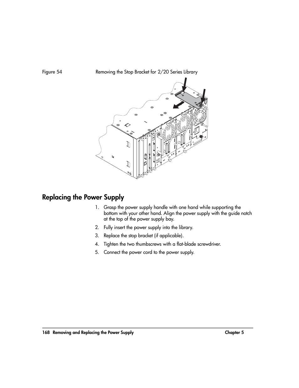 Replacing the power supply, Replacing the power supply 168 | HP Surestore 10.100 Tape Library User Manual | Page 170 / 238
