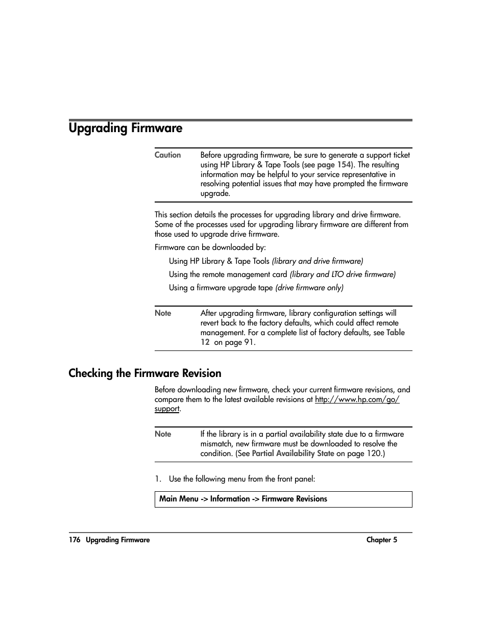 Upgrading firmware, Checking the firmware revision, Upgrading firmware 176 | Checking the firmware revision 176 | HP Surestore 10.100 Tape Library User Manual | Page 178 / 238