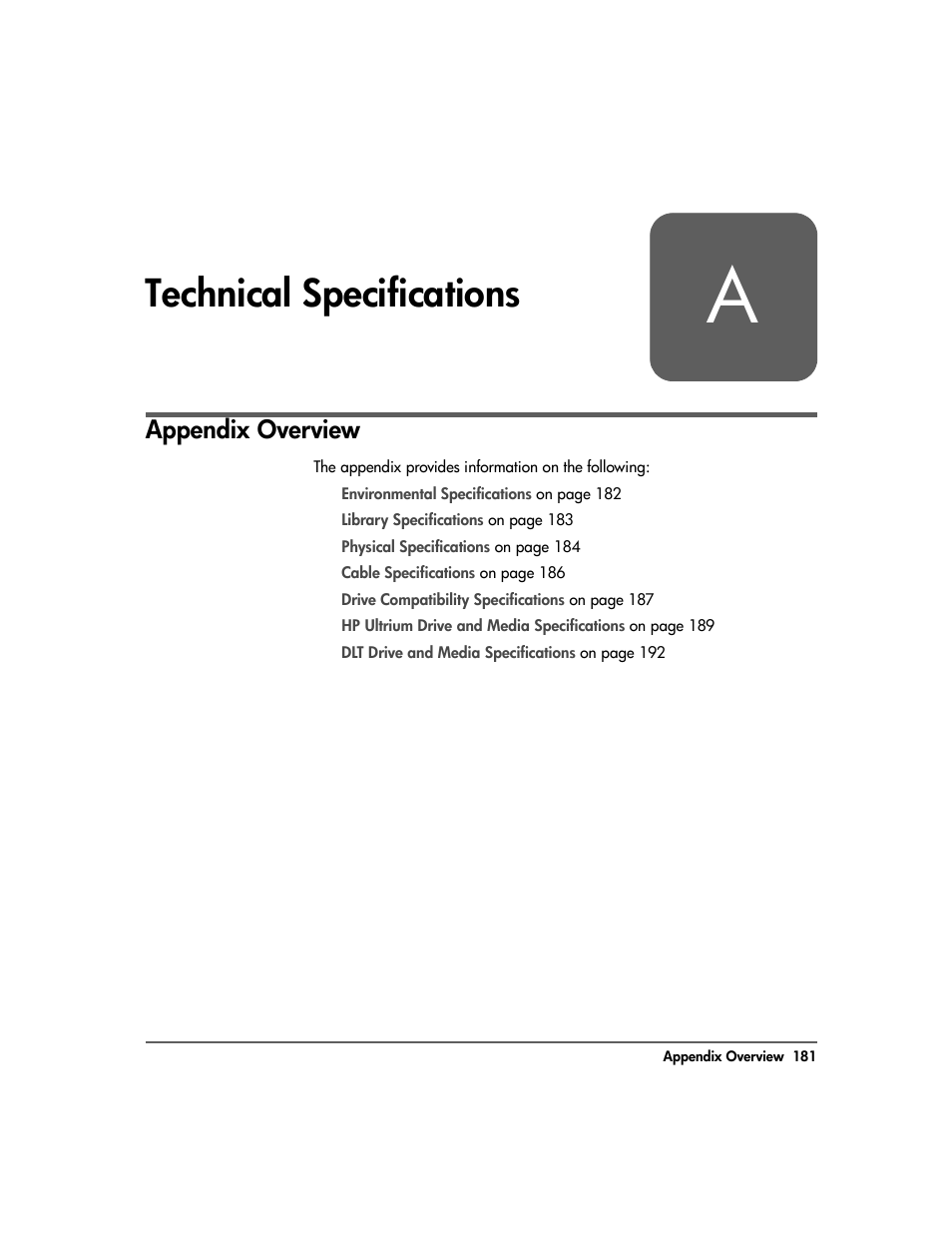 A - technical specifications, Appendix a, Technical specifications 181 | Appendix overview 181, Technical specifications, Appendix overview | HP Surestore 10.100 Tape Library User Manual | Page 183 / 238