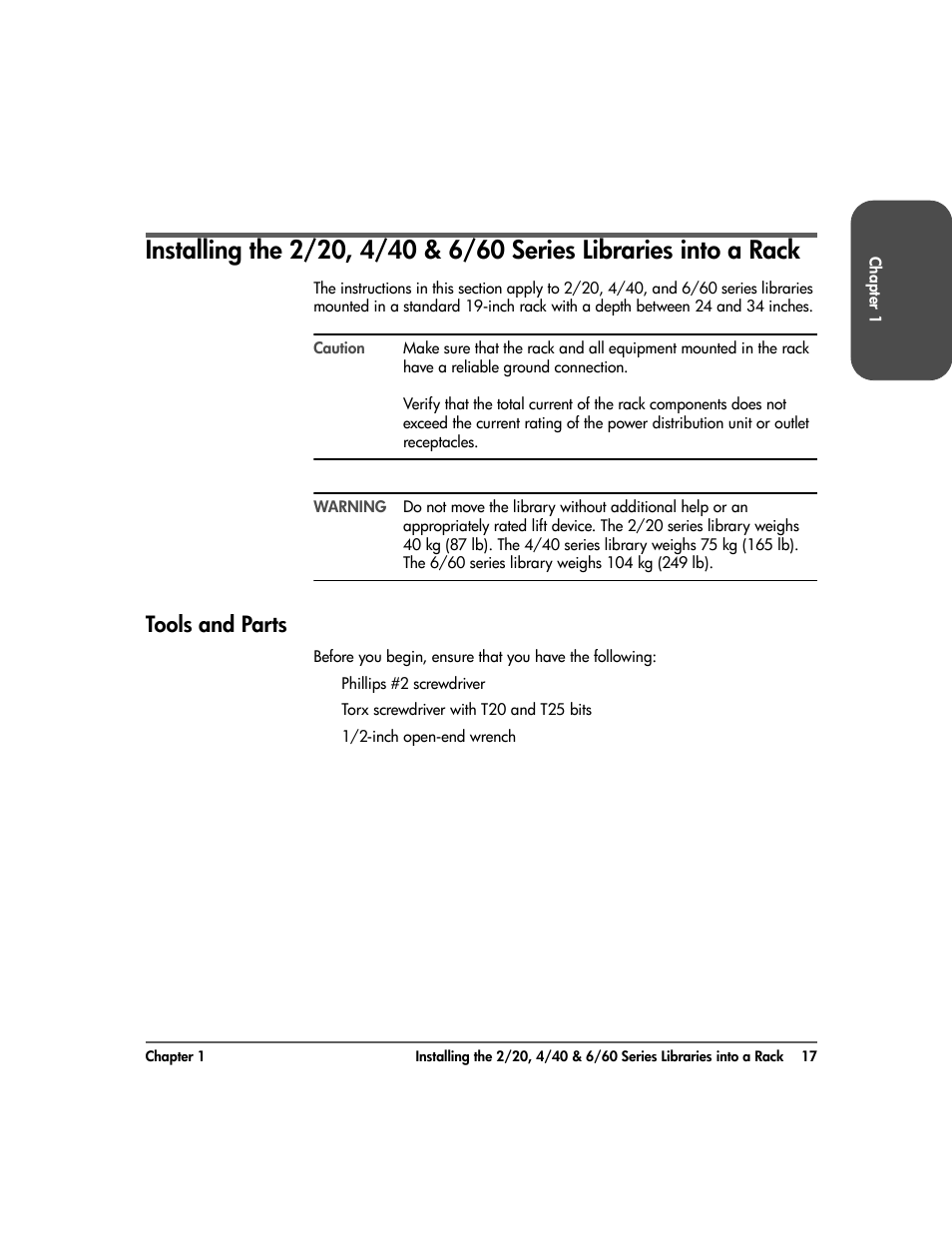 Tools and parts, Tools and parts 17 | HP Surestore 10.100 Tape Library User Manual | Page 19 / 238