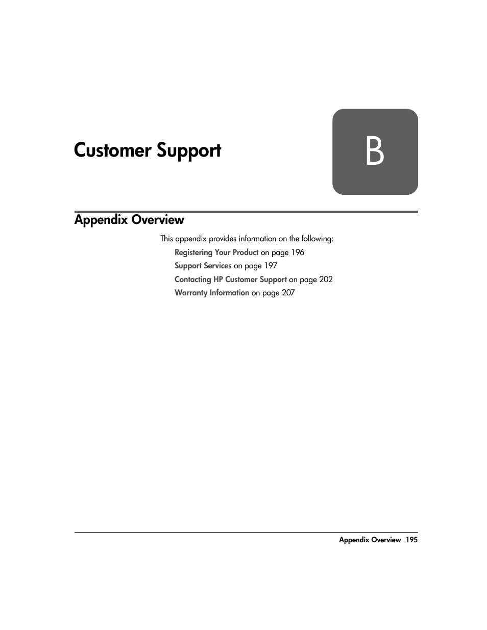 B - customer support, Appendix b, Customer support 195 | Appendix overview 195, Customer support, Appendix overview | HP Surestore 10.100 Tape Library User Manual | Page 197 / 238