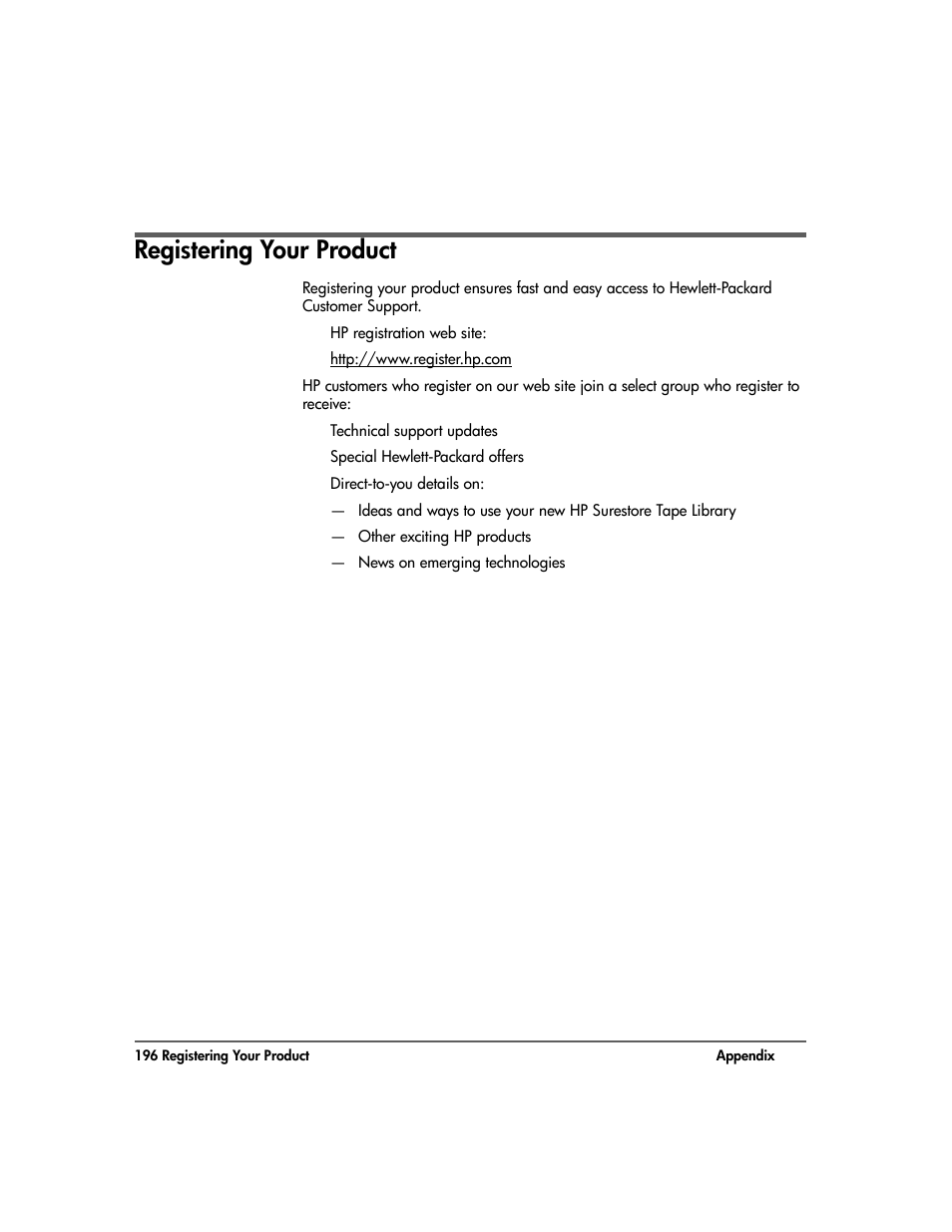 Registering your product, Registering your product 196 | HP Surestore 10.100 Tape Library User Manual | Page 198 / 238