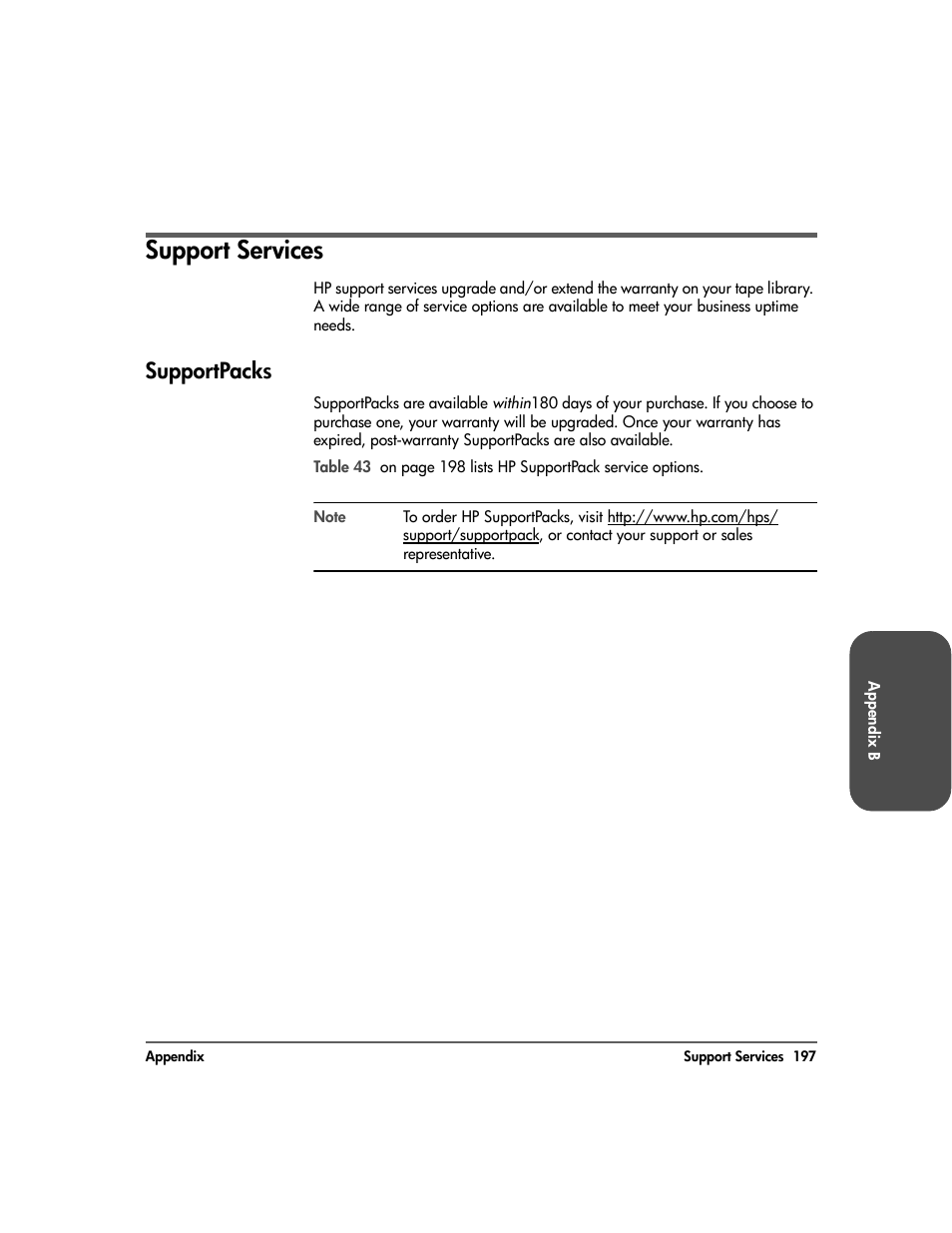 Support services, Supportpacks, Support services 197 | Supportpacks 197 | HP Surestore 10.100 Tape Library User Manual | Page 199 / 238