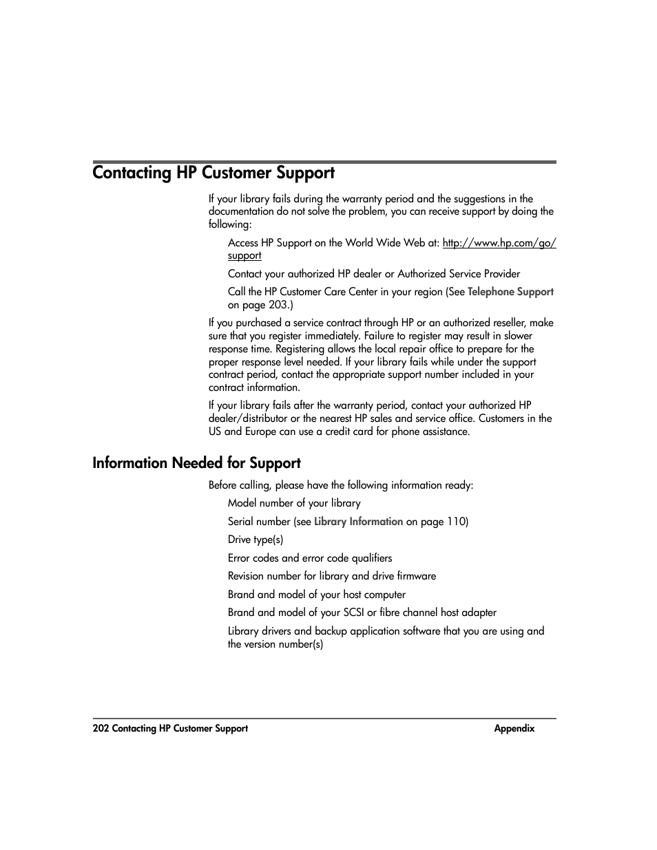 Contacting hp customer support, Information needed for support, Contacting hp customer support 202 | Information needed for support 202 | HP Surestore 10.100 Tape Library User Manual | Page 204 / 238