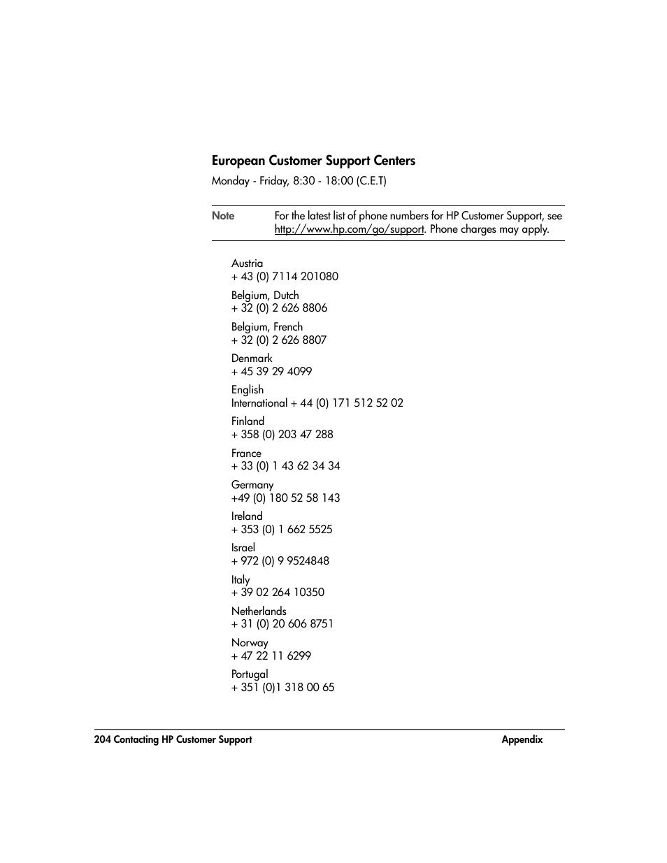 European customer support centers, European customer support centers 204 | HP Surestore 10.100 Tape Library User Manual | Page 206 / 238
