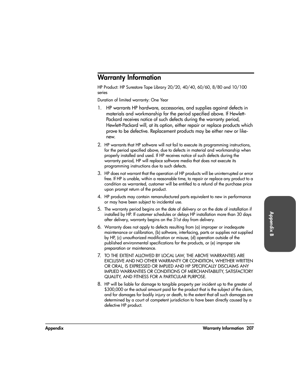 Warranty information, Warranty information 207 | HP Surestore 10.100 Tape Library User Manual | Page 209 / 238