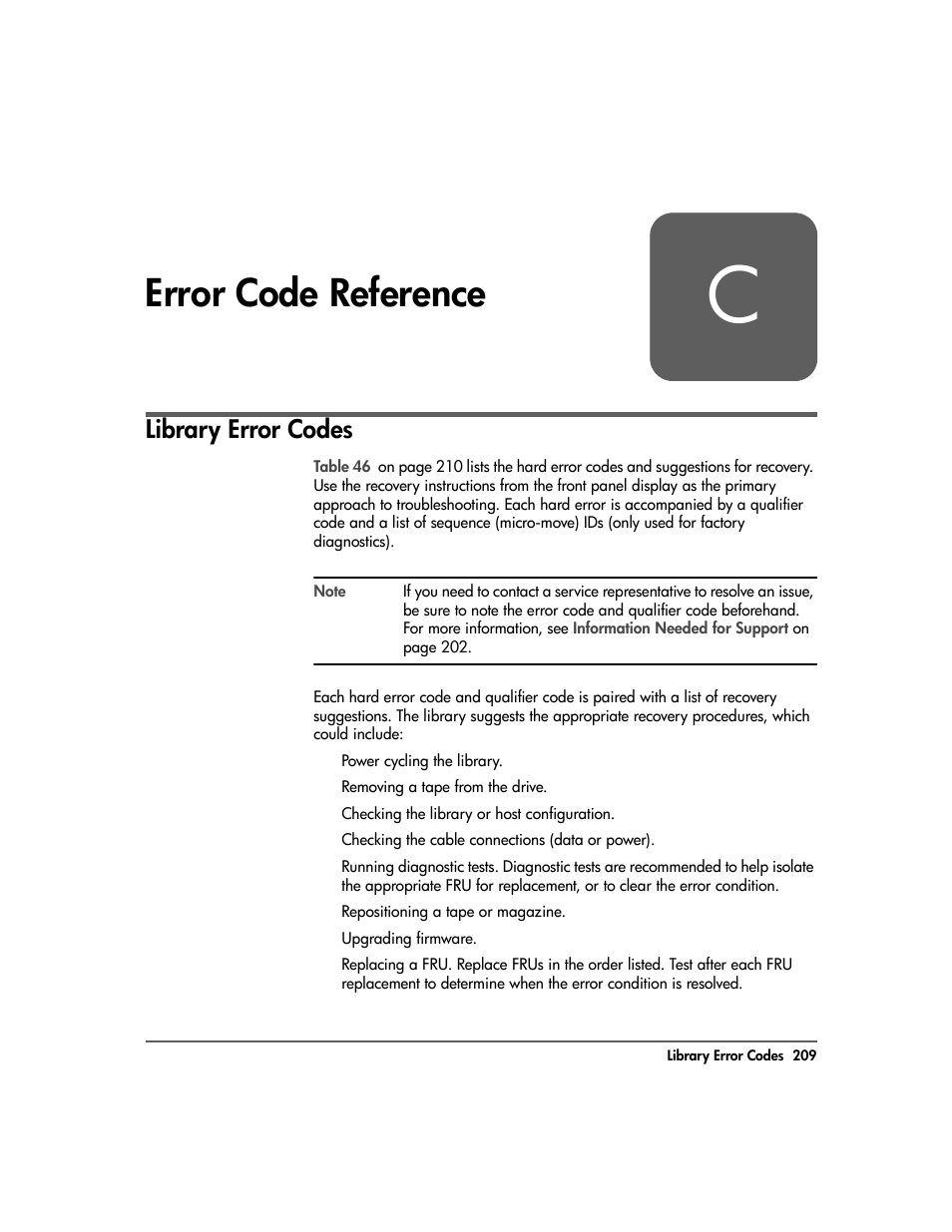 C - error code reference, Appendix c, Error code reference 209 | Library error codes 209, Error code reference, Library error codes | HP Surestore 10.100 Tape Library User Manual | Page 211 / 238
